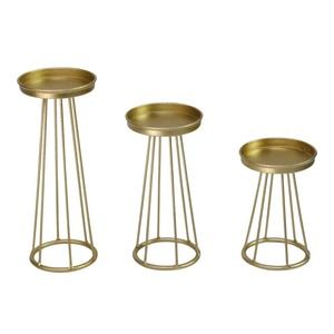 Set of 3 Gold Brushed Metal Candle Holder Stands Varied Heights